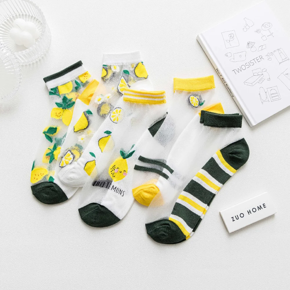 

5 Pairs Summer New Lovely Japanese Thin and Breathable Crystal Glass Socks Colorful Lemon Casual Women Boat Socks