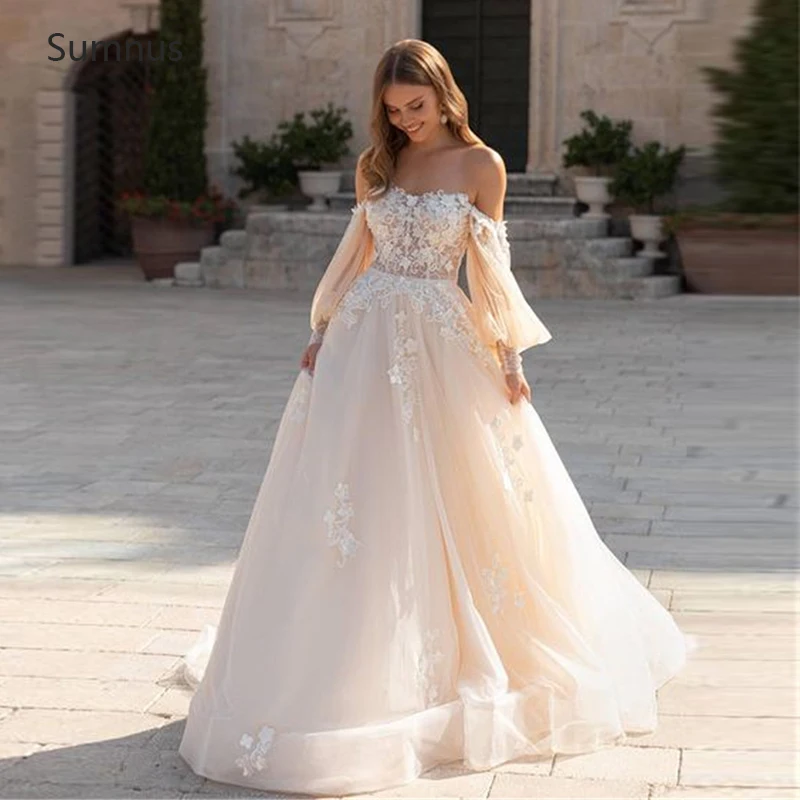

Sumnus Vintage A-Line Tulle Wedding Dress Lace Appliques Puff Sleeves Pleats Sleeveless Robe De Mariee See Through Bridal Gowns