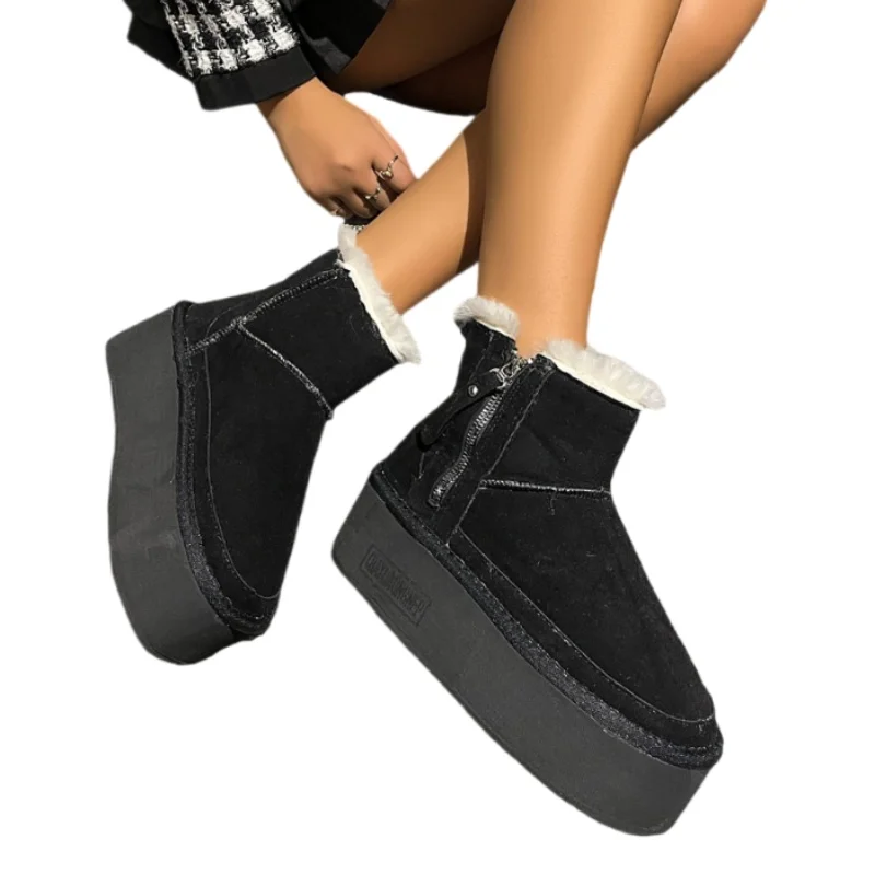 Женские замшевые ботильоны на платформе теплые ботинки плоской подошве с