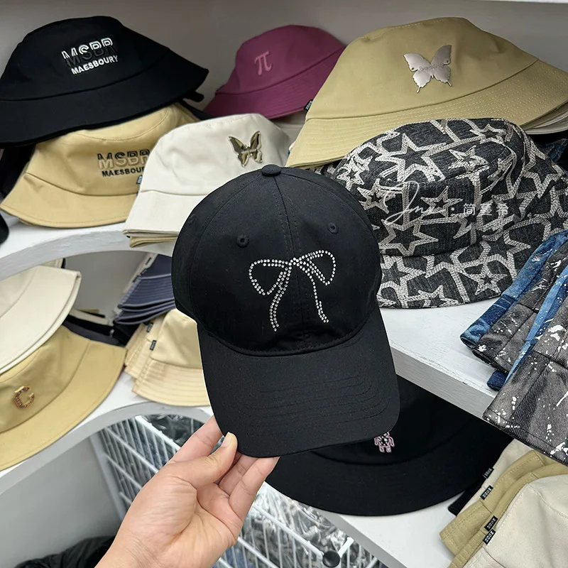 Diamond bow baseball cap children's fashionable long ribbon soft top duckbill Korean version face enhancing small sun sha