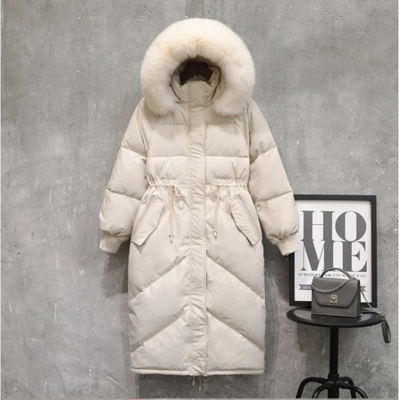 Women Long Down Jacket Knee Length Winter New Fashion White Duck Down Thickened Coat Fox Fur Collar Drawstring Outwear
