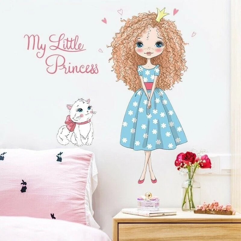 

Blue Dress Princess Girl Wall Sticker For Kids Room Home Living Room Vinyl Decal