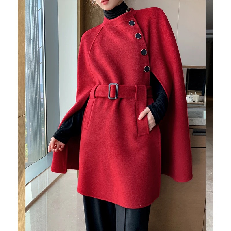 

Christmas Cashmere Cape Red Wool Cloak 2021 Fashion Women Single Breasted Elegant High Quality Autumn Korean Style Woolen Coats