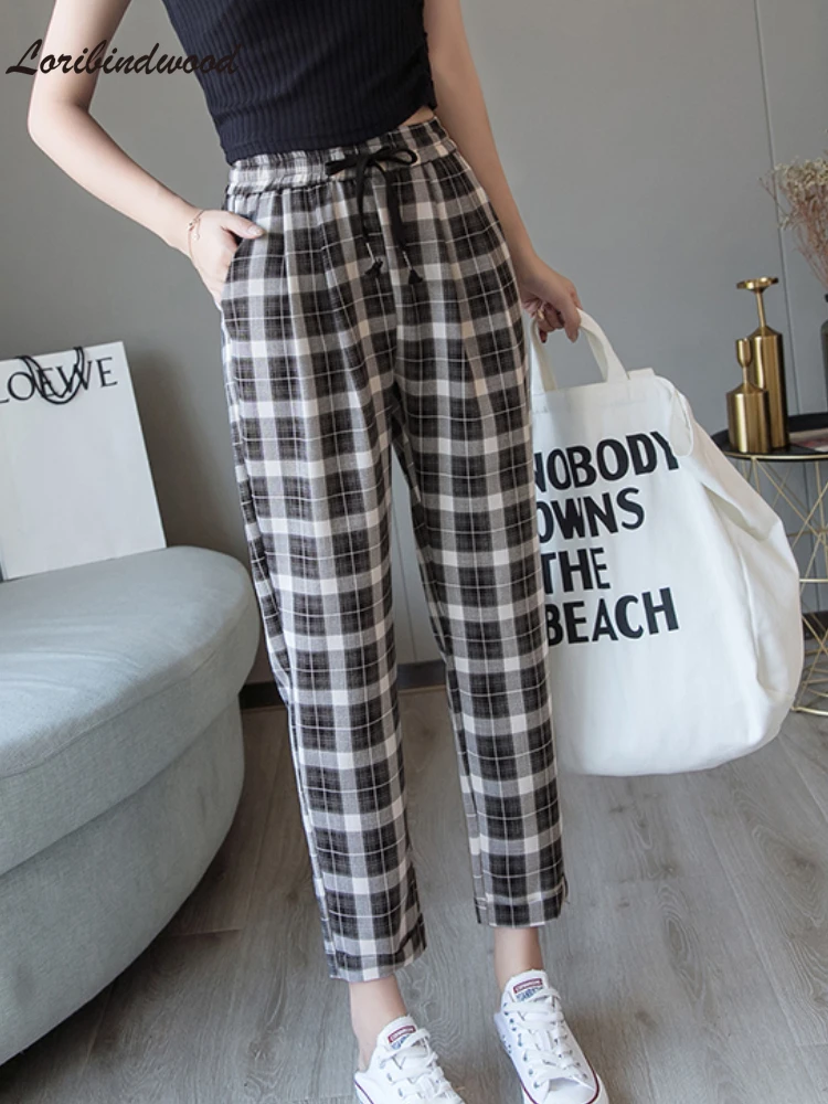 

Plaid Pants Women's Small 2022 Summer New Thin Casual High Waist Straight Ankle-Tied Cropped Pants Ins Fashion Women Pants