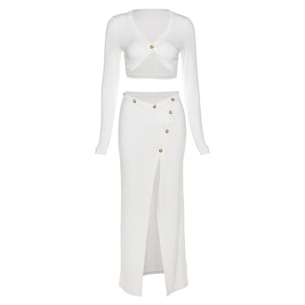 

Женский Повседневный костюм из двух предметов, футболка на пуговицах с длинным рукавом и юбка миди с разрезом, облегающая уличная одежда на ...