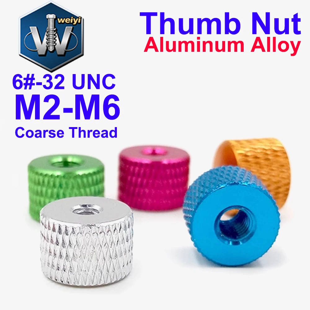 Фото Weiyi 5 шт./лот M2-M6 грубый 6 # -32 UNC Алюминиевые красочные круглые гайки с накаткой, затягивающиеся вручную для проектов DIY №1