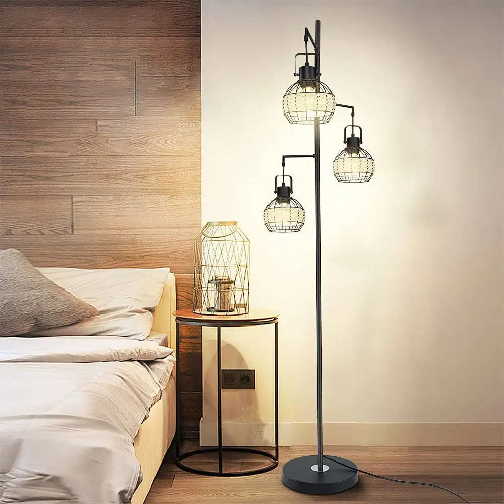 

HMTX Freestanding Floor Lamp Retro Floor Lamp,3 Light Hanging Cage Shape,Farmhouse Industrial Floor Lamp for Living Room, Bedroo