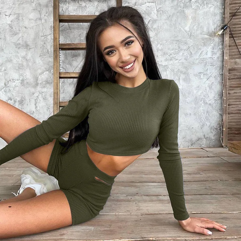 

Akaily Sexy Womens 2 Two Peice Sets Outfits Long Sleeve Kmit Bodybon Crop Top Skinny Hollow Out Shorts Sets Black Matching Sets