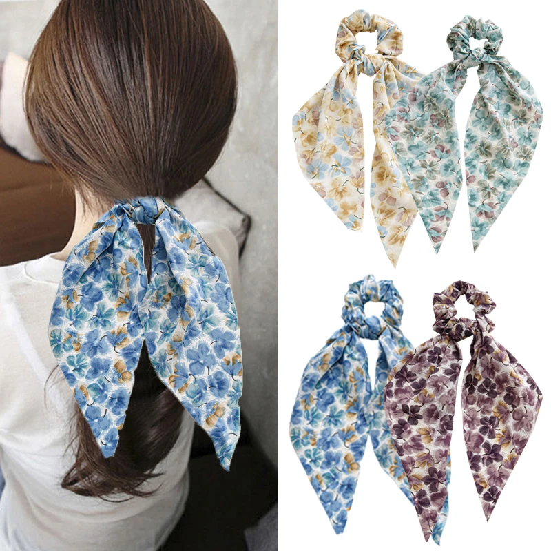

Floral Print Scrunchies Chiffon Bow Elastic Hair Bands Women Hair Ties Rubber Bands Ponytail Scarf Fashion Accessories Headwear