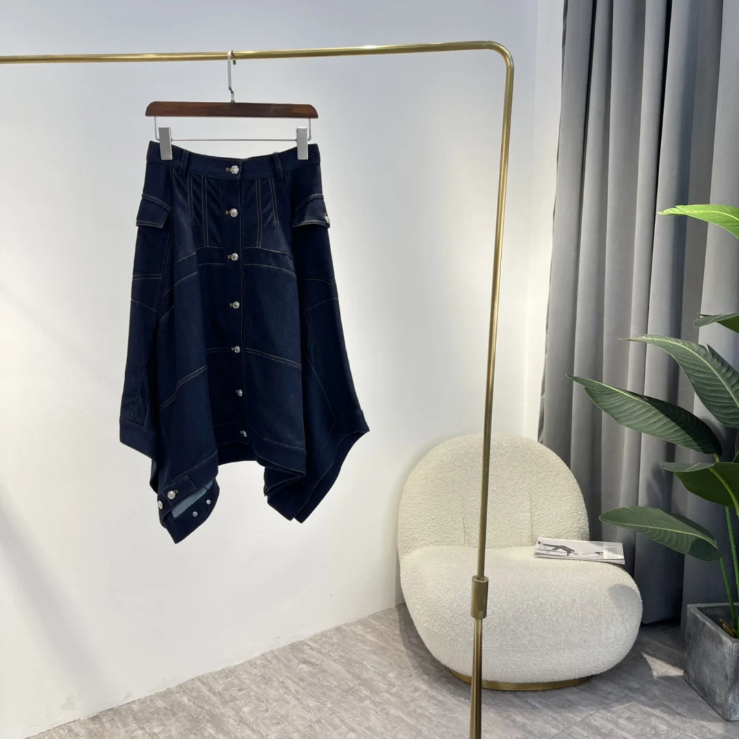 

Женская Асимметричная юбка средней длины, темно-синяя Плотная хлопковая юбка с открытой талией, весна-лето 2022