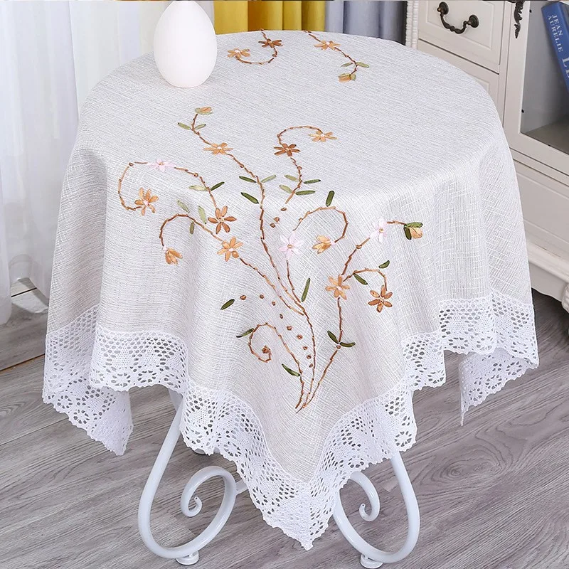 

Embroidered Silk Ribbon Tea TableCover Rectangular Square Tablecloth Handmade Towel Cloth Art Cotton Linen Rural Table Cloth