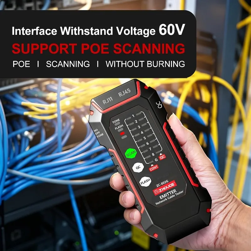 Фото Тестер кабелей Ethernet ZC-802G с генератором тонов, RJ45, RJ11, PoE, Cat5, Cat6 для проверки сетевых и телефонных линий №5