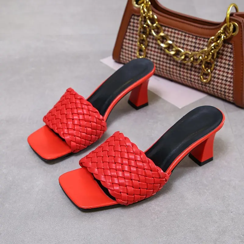 2023 Large Size Slippers Summer Fashion Square Head Woven Medium Heel Fish Mouth Solid Color Shallow Mouth High Heels