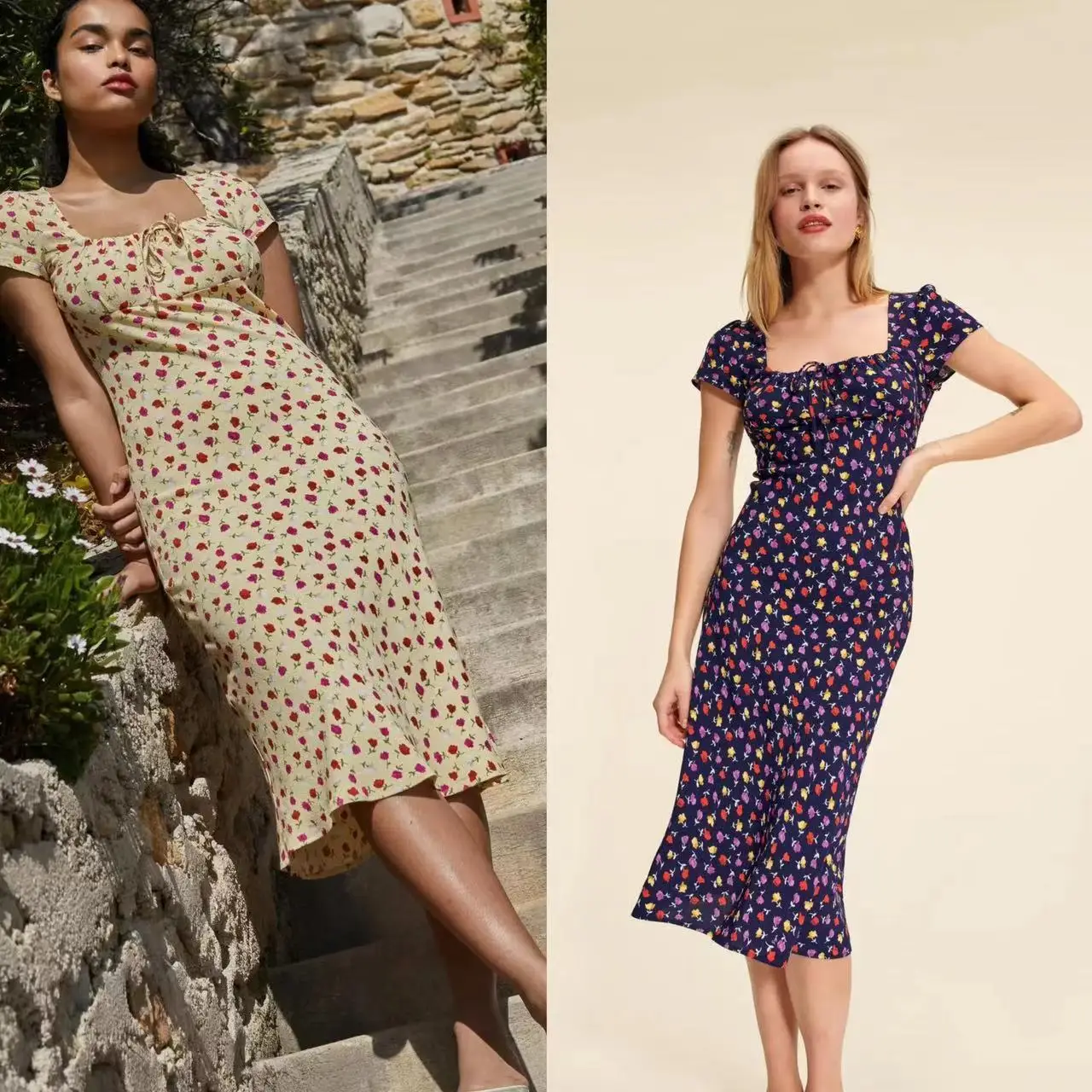 

ROU2023 Summer New Style Square Collar Belted Bubble Sleeve Dress in Rural Style for Women