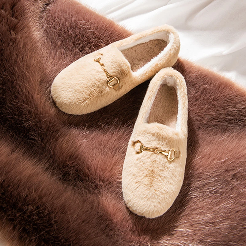 

Женские зимние туфли, новинка 2022, пушистые туфли из пушистого хлопка, универсальные теплые туфли на плоской подошве, повседневные Мокасины, ...