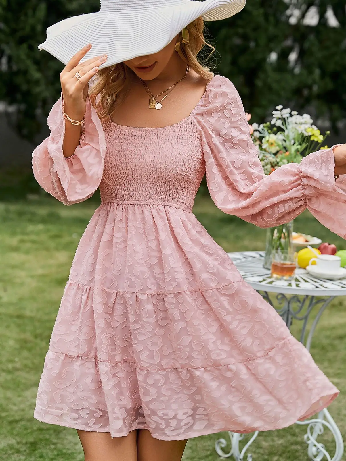 

Trendeez Casual Solid Square Neck Lace Cape Sleeve Ruffle A-Line Mini Dress