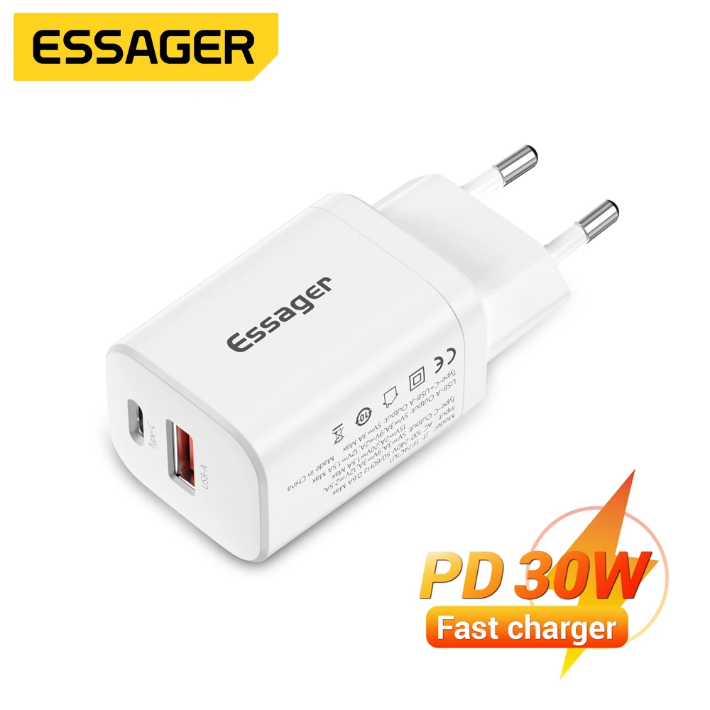 

Зарядное устройство Essager сетевое с двумя портами USB Type-C и поддержкой быстрой зарядки, 30 Вт
