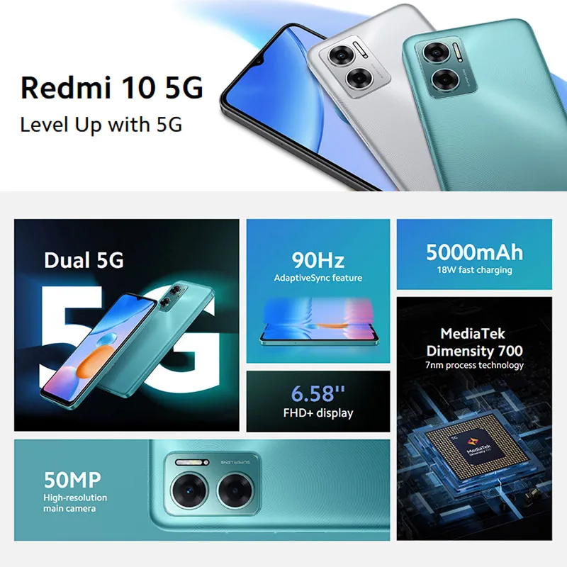Global Version Xiaomi Redmi 10 5G 64GB/128GB Smartphone MediaTek Dimensity 700 Octa-core 6.58