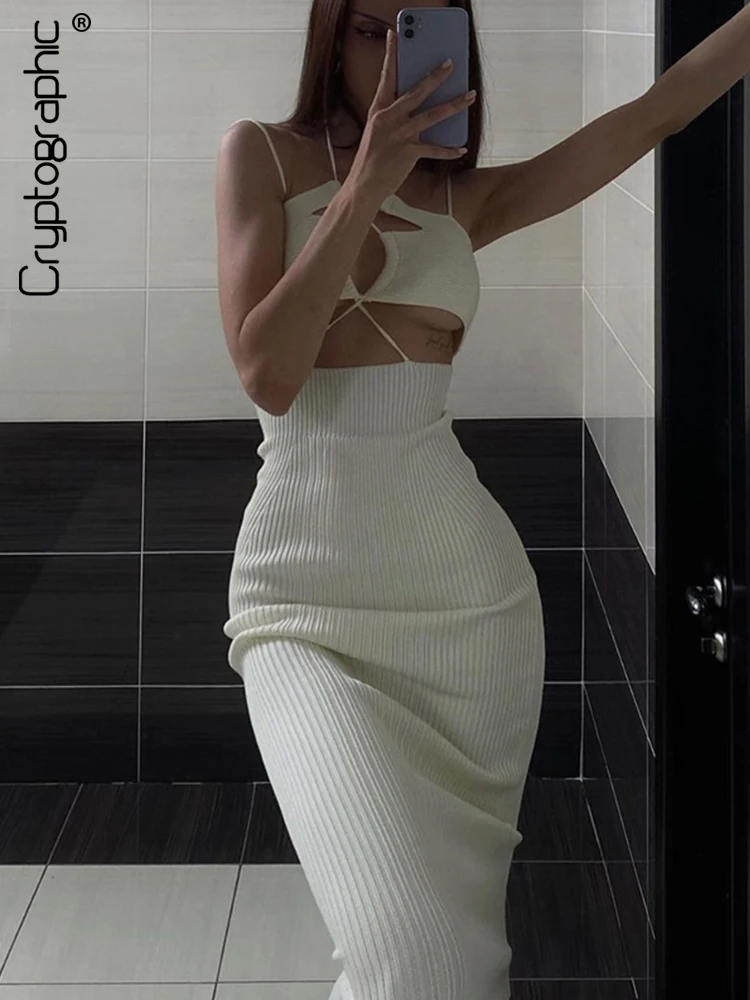 

Cryptographic Knitted Halter Sexy Cut Out Bandage Midi Dress for Women Party Club Elegant Outfits Straps Summer Dresses Vestido