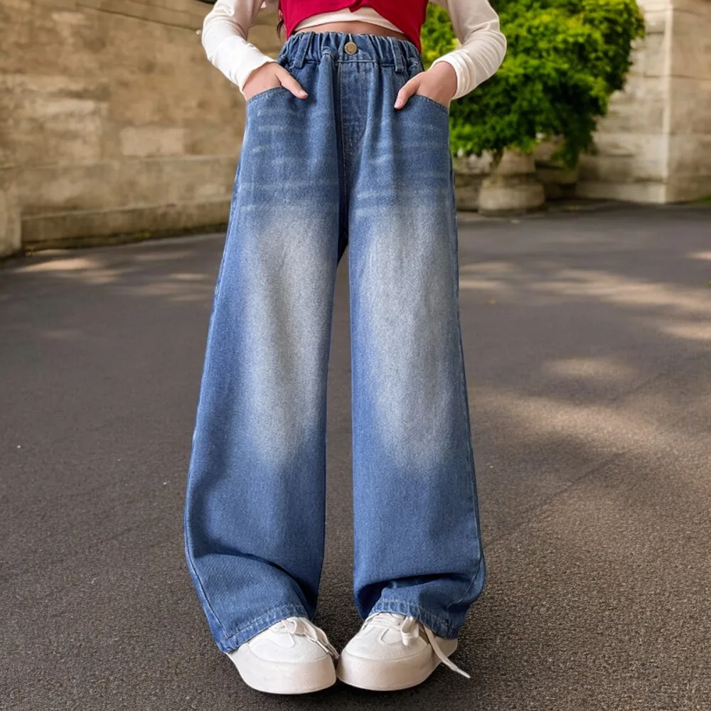 Синие джинсы для девочек повседневные широкие брюки мешковатые детская одежда