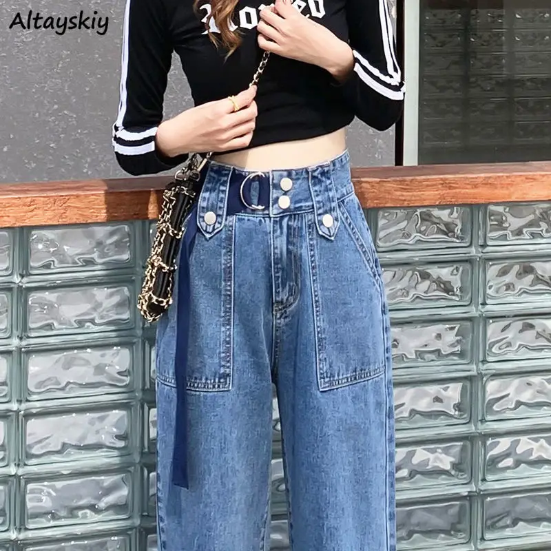 

Jeans Women Spring New Design Sashes Students Baggy Pockets Casual Ulzzang Джинсы Женские Fashion Street Wear Chic Wide Leg Cozy