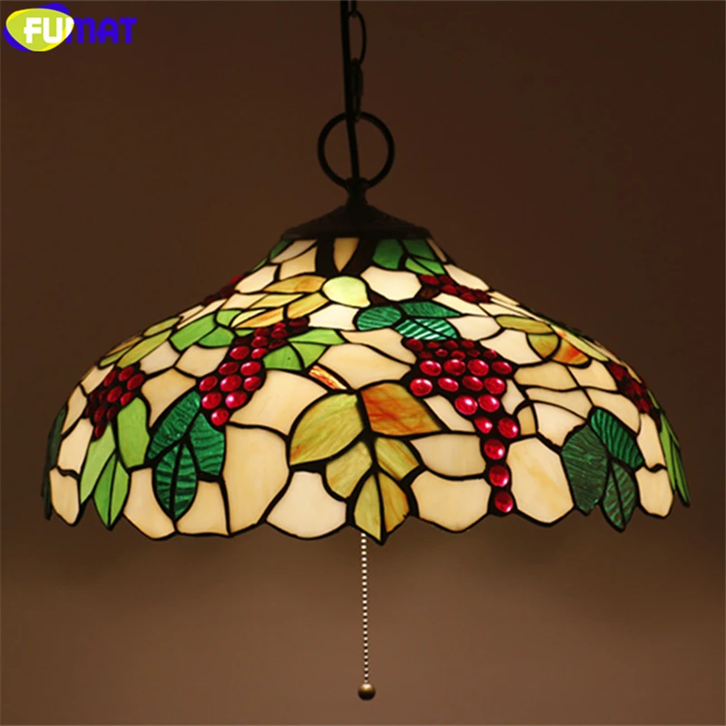 

FUMAT Tiffany Red Grape Cherry Green Leaf Pendant Lamp Multi Color Stained Glass Hanging Light Fixture 16" Handicaft Home Decor
