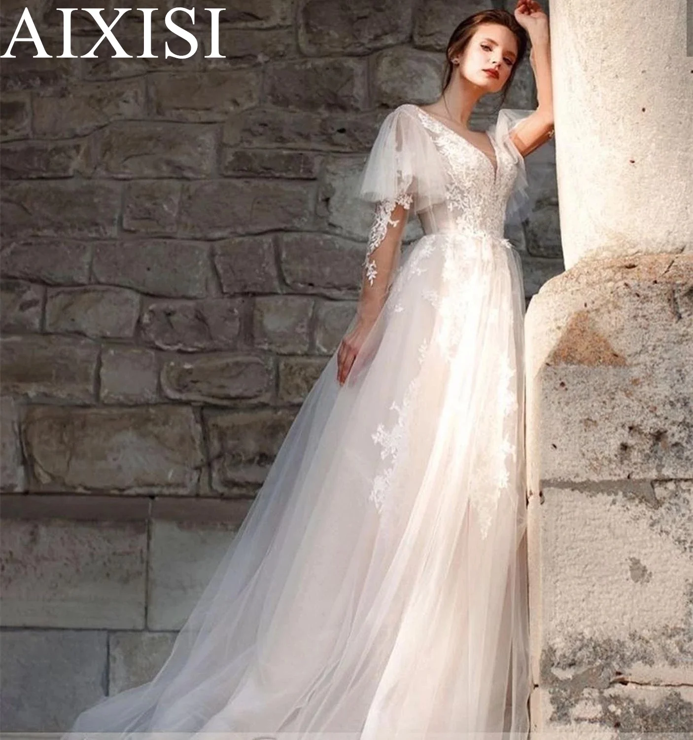 

Elegant Wedding Dresses Appliques Beads Pearls Vestidos De Novia Full Sleeve Illusion O Neck Luxury A-Line Robe De Mariee