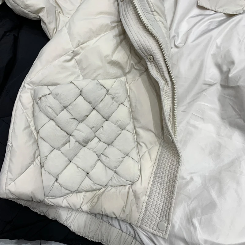 Vintage Women Winter 90% white duck down jacket Khaki 2023 New trendy Knit pockets parkas Long sleeve puffer coat INKEO 2O341