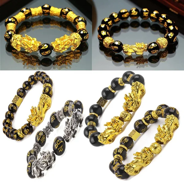 

Feng Shui Obsidian Stone Beads Bracelet for Men Women Unisex Wristband Gold Black Pixiu Wealth and Good Luck Bracelet Jewelry