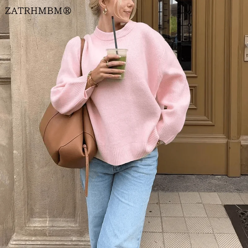 

ZATRHMBM, Новинка осени 2023, модный розовый вязаный свитер, винтажный Повседневный Женский пуловер с круглым вырезом и длинными рукавами, шикарные топы
