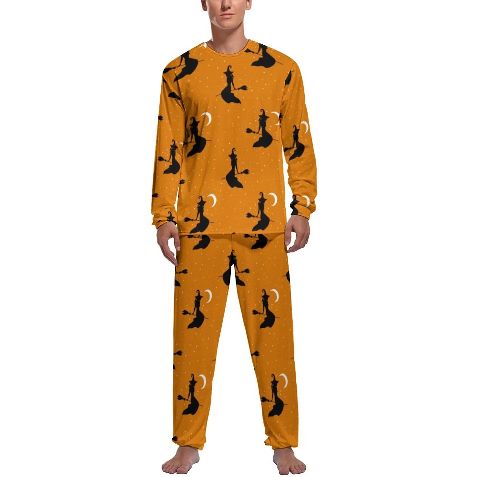 Creepy Witch Spooky Pajamas Spring Halloween Print Casual Nightwear Men Two Piece Graphic Long-Sleeve Kawaii Pajamas Set