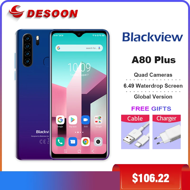 

Global Version Blackview A80 Pro A80 Plus 6.49" Quad Rear Camera 4GB 64GB Mobile Phone 4680mAh Octa Core Android 9.0 Smartphone