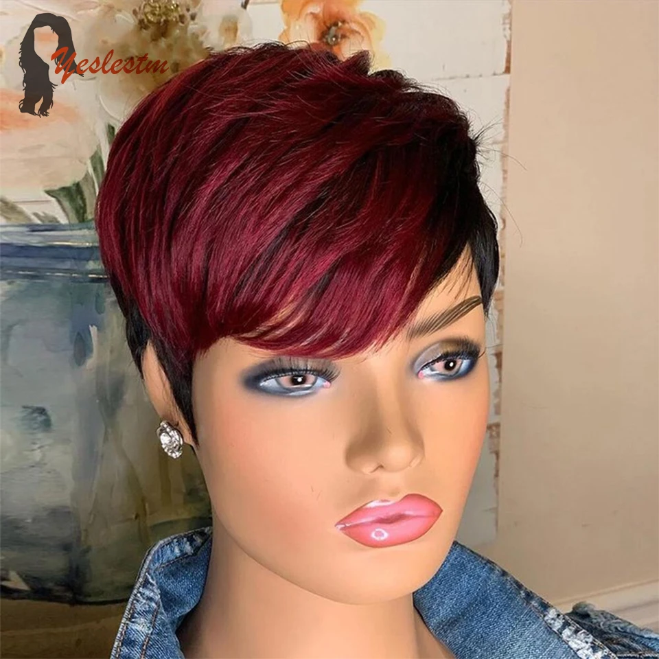 

Ombre 1B/99J Red Pixie Short Cut Bob Wigs For Women Remy Human Hair Brazilian Straight Pixie Wig With Bangs Full Machine Made