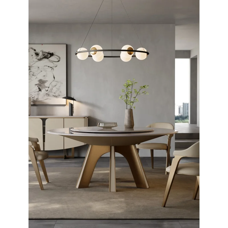 

Light luxury natural marble round dining table villa household 1.8m induction cooker electric dining table round