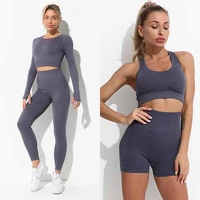 women yoga set workout gym wear sportswear leggings seamless fitness bra leggings cropped top long sleeve yoga wear