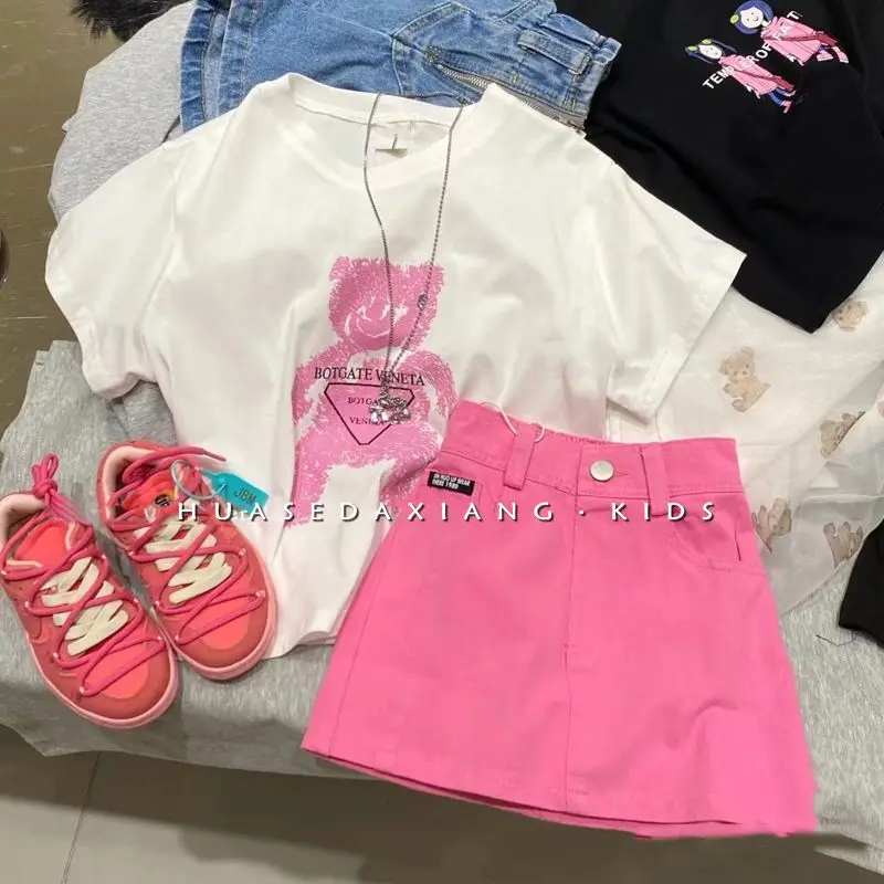 

Girls Baby Summer Set Fashion Korean Cartoon Printing Short Sleeve T-shirt Top+Fashion A-line Skirt Set Two Piece Set