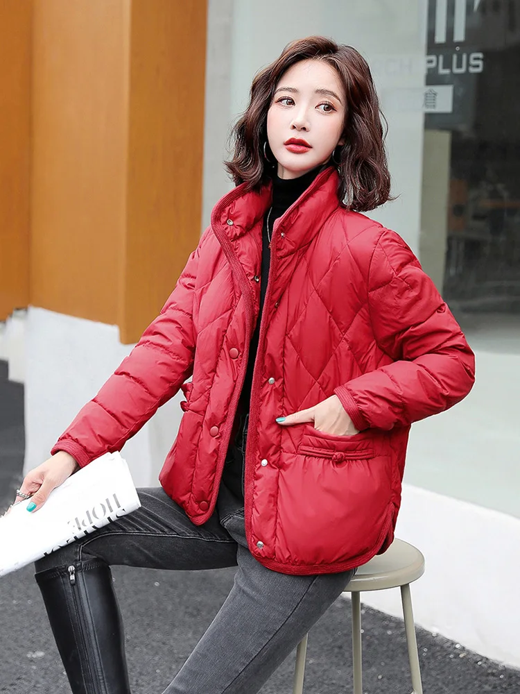 New Women Down Jacket Winter Casual Fashion Stand Collar Long Sleeve Loose Short White Duck Down Coat Warm Mother Outerwear