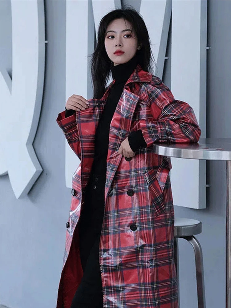 

Elegant Plaid Mid-length Glossy Women Coat Striped Buttons Lace-up Autumn Winter Windproof Fashion Slim Overcoat Women Clothing