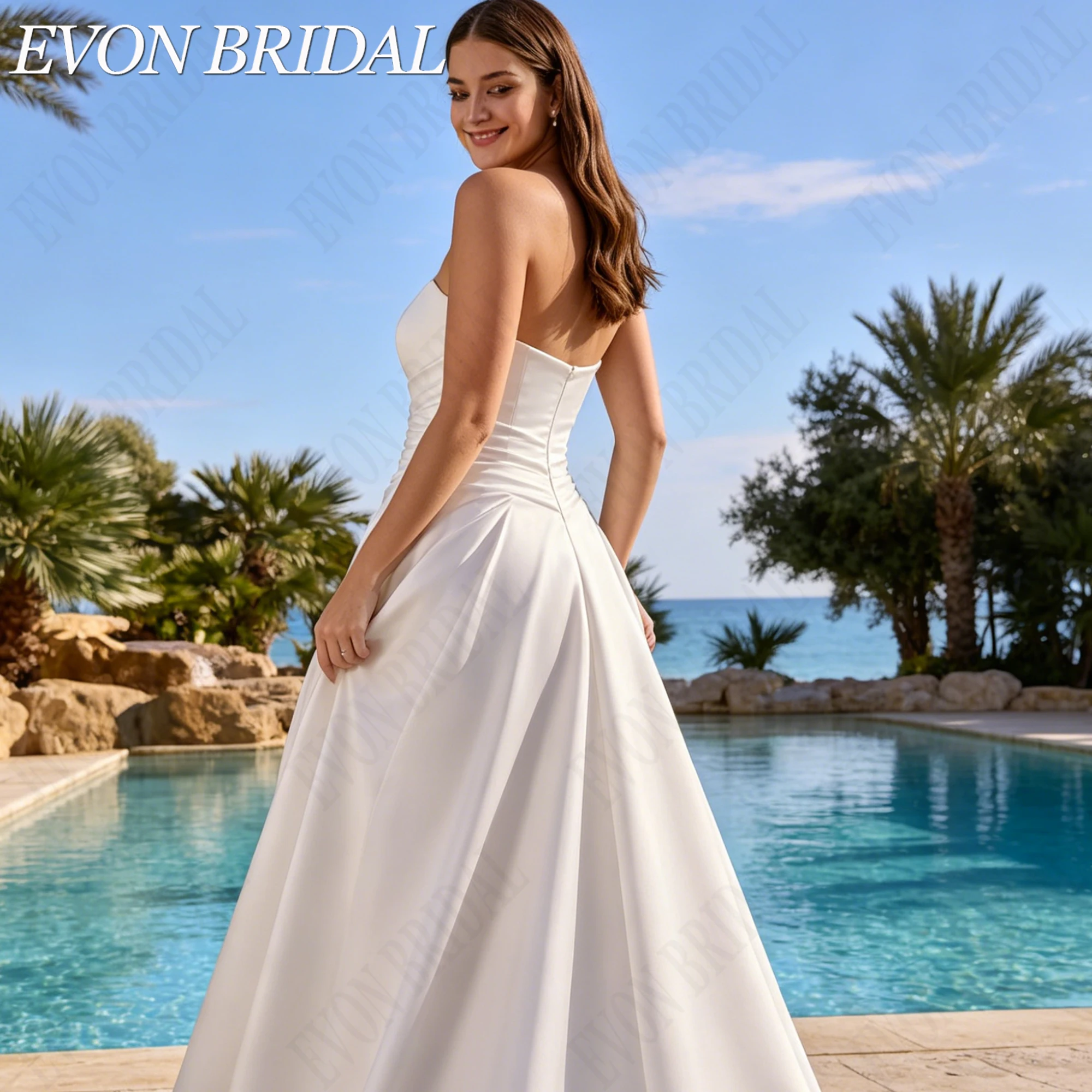 Фото EVON BRIDAL Платье невесты атласное без бретелек большие размеры съемные рукава силуэт А классическое свадебное платье на заказ для женщин роскошное атласное свадебное платье фигура А под индивидуальный пошив простое №5