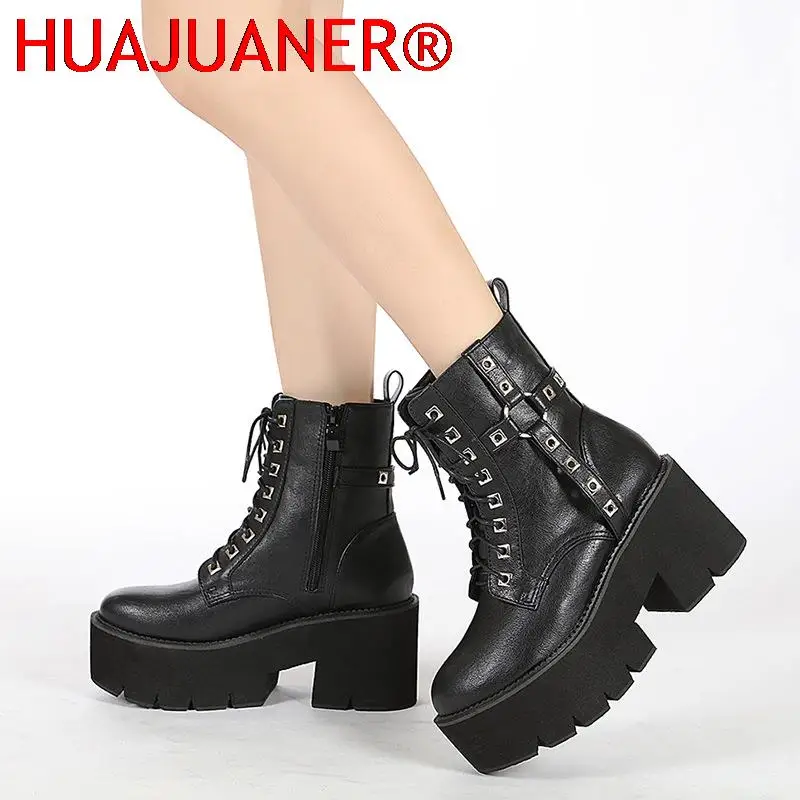 

2022 Autumn Winter Thick Sole Thick Heel Boots Rivet Trend Front Lace Side Zipper Women's Boots