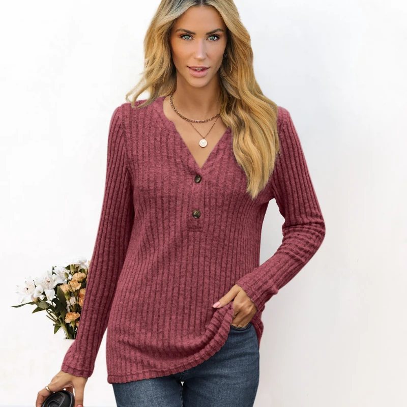 

Женская Однотонная футболка с V-образным вырезом, на пуговицах