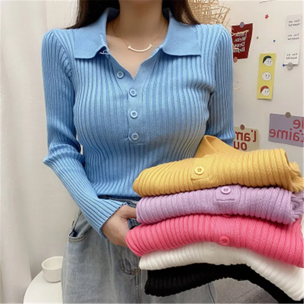 

2022New Basic Autumn Winter Button Sweater Women Long Sleeve Turn-Down Collar Soft Knit sweater Pullovers Solid Female Jumper To