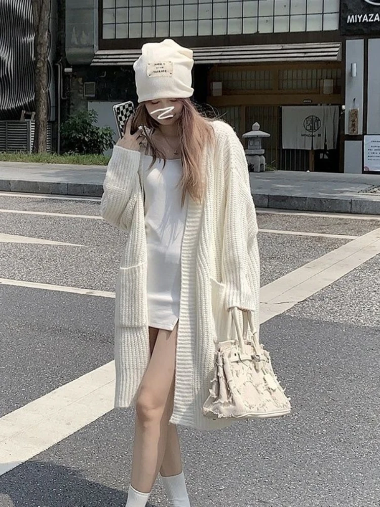 

HOUZHOU White Elegant Cardigan Knitted Autumn Winter Loose High Street Long Sweater Coat Korean Fashion Female Outfits Vintage