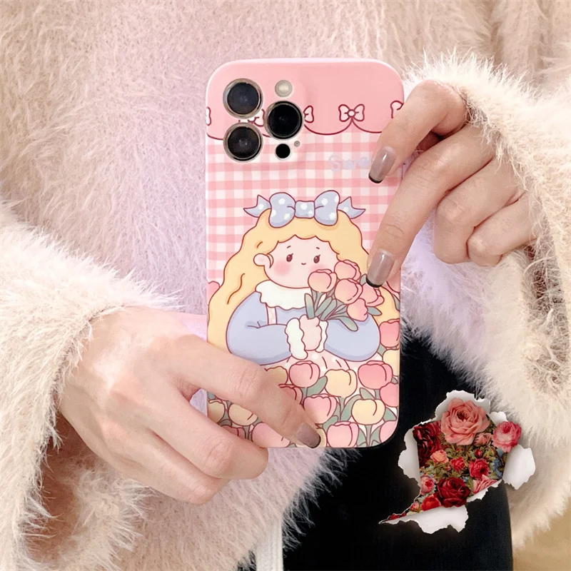 

Creative Personality Sweet Cute Bouquet Girl Matte Skin Friendly Cover For iphone 11 12 13 Pro Max XR Xs Max 7 8 Plus Phone Case