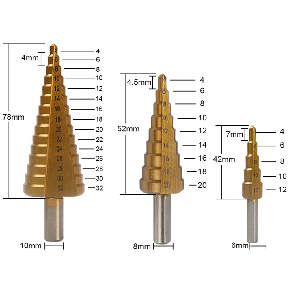 

HSS Steel Titanium Step Drill Bit Set 4-12/20/32mm Metal Hole Cutter Wood Cone Core Drilling Hole Saw Tool Twist Saw Drill