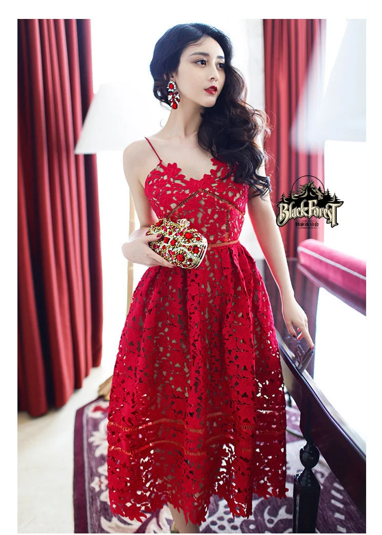 

Женское кружевное платье на бретельках, красное платье средней длины с цветочным принтом, весна-лето 2022