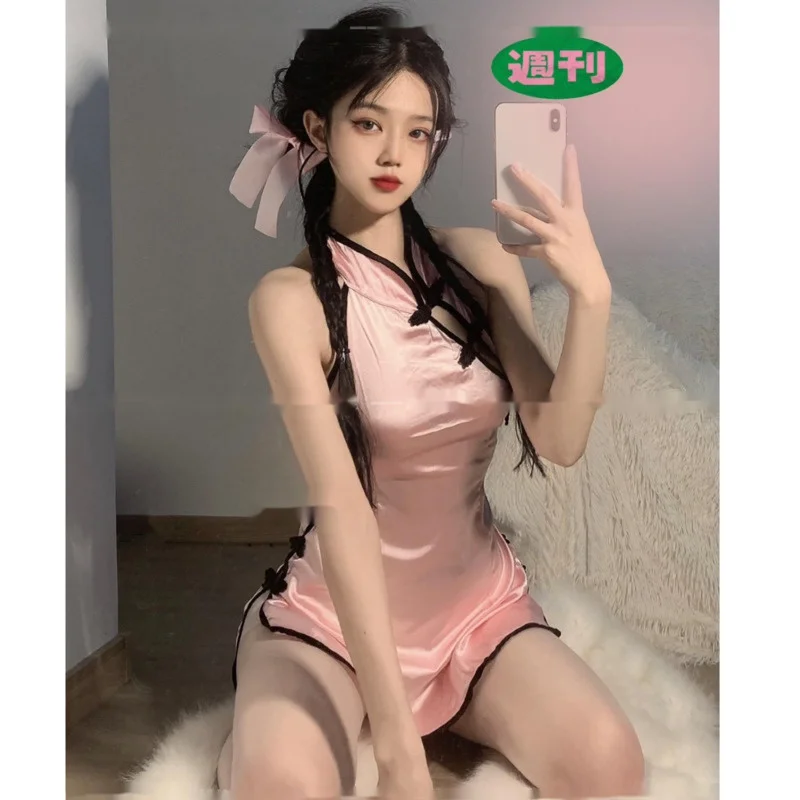 

Nutmeg Pink New Love Cheongsam Open Back Strap Chinese Classical Lovely Grace Court Lady Cosplay Costumes Temptation M09O
