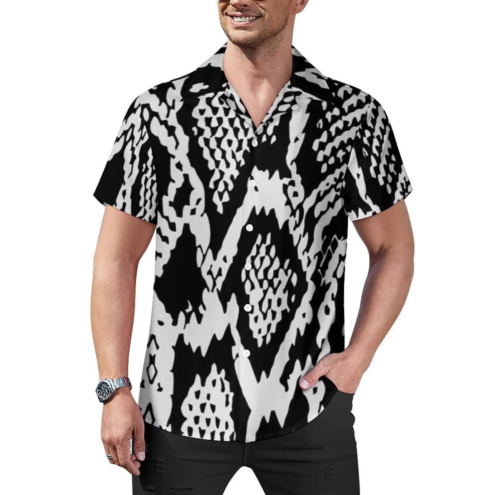 

Повседневная рубашка с черной текстурой под змеиную кожу, тоническая пляжная Свободная рубашка с принтом кобры и боа, Гавайские блузки, Топ большого размера с коротким рукавом