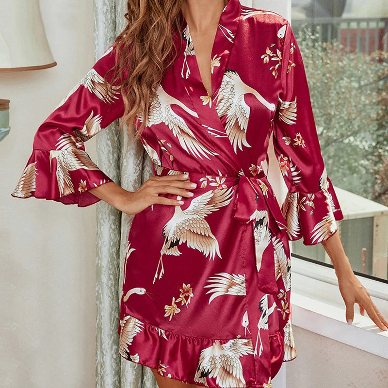 

CINOON Women Home Night-robe Dresses Sexy Printed Nightgown Lingerie Ladies Silk Pajamas Bathrobe Home Cardigan Homewear Robe