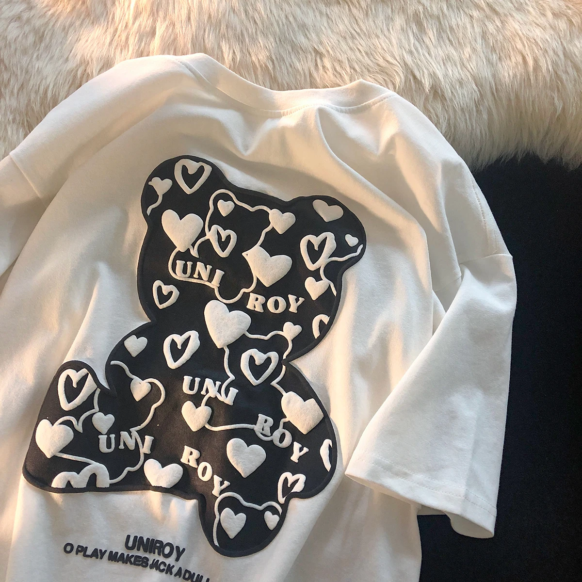 

Bear Foam Love Print Cotton Short-sleeved T-shirt Women's Summer New Mid-length Women Y2k Top Graphic T Shirts Harajuku Tees